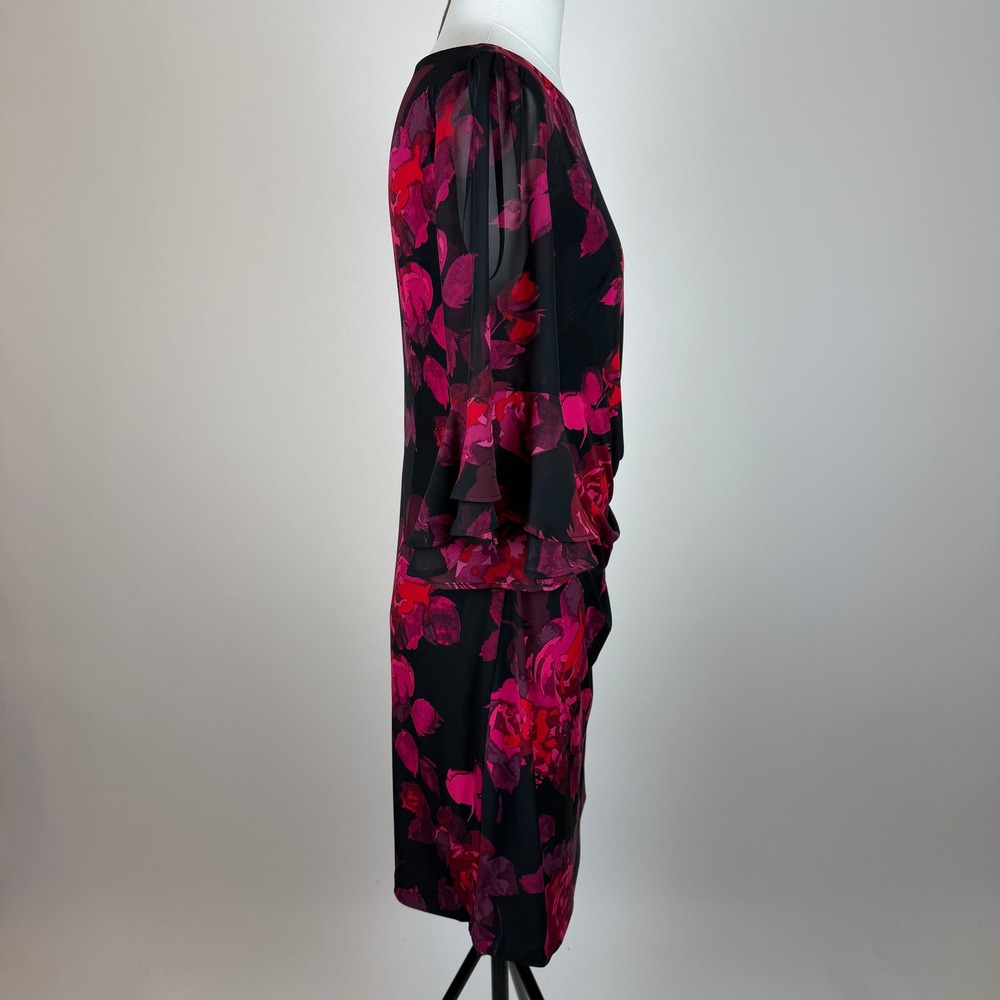 NWT Jessica Howard Black Pink Floral Bell Sleeve Sheath Cocktail Dress Size 16P - Picture 3 of 10